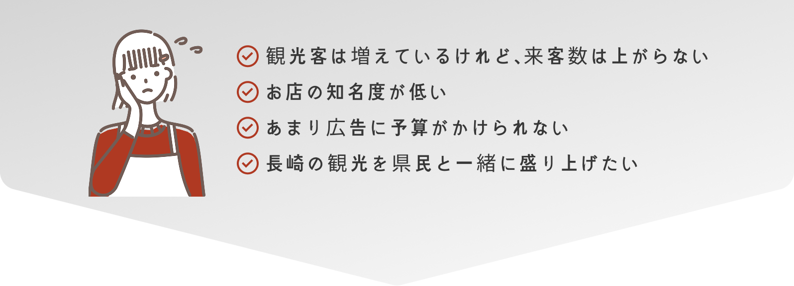 観光客は増えているけれど、来客数は上がらない。お店の知名度が低い。あまり広告に予算がかけられない。長崎の観光を県民と一緒に盛り上げたい。